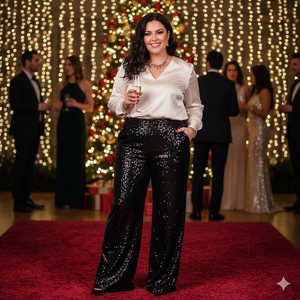 Womens Size 20 Lane Bryant Black Pull-On Full Sequin Wide Leg Pant